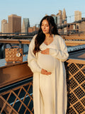 White Knitting V-Neck Bodycon Two Pieces Cardigan Elegant Baby Shower Maternity Maxi Sweater Dress Maternity