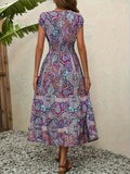 Size Printed V-Neck Short Sleeve Midi Dress DJPT