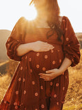 Sun Flowers Square Smocked Neck Puff Sleeve Big Swing Flowy Baby Shower Photoshoot Maternity Maxi Dress Maternity