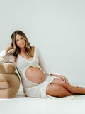 Ivory Sheer Ruffle Cut Out Crop Slit Falbala Deep V-neck Mermaid Elegant Maternity Photoshoot Maxi Dress Maternity
