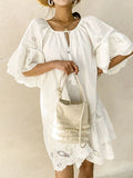 Embroidered Tassel Tie Neck Dress DJPT