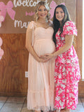 Light Pink Polka Dot Bow Ruffle Falbala Tie-Shoulder A-line Tulle Princess Dress Maxi Dress Maternity