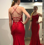 Spaghetti Strap V-neck Sleeveless Mermaid Satin Long Prom Dresses With Trailing For Party SD1541
