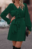 Flounce Sleeve V-Neck Belted Dress DJPT