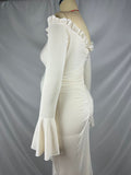 Beige Off Shoulder Ruffle Falbala Ruched Slit Mermaid Elegant Maternity Baby Shower Maxi Dress Maternity