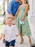 Green Floral Side Slit Ruffle Bow Flowy Back Zipper Photoshoot Baby Shower Maternity Maxi Dress Maternity