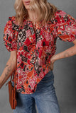Print Split Neck Short Puff Sleeve Blouse DJPT