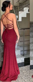 Sheath Spaghetti Straps Burgundy Slit Long Evening Dress Prom Dresses SD1731 HZ0628