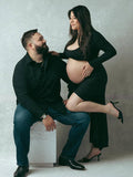 Black Ruffle Cut Out Crop Side Slit Irregular Bodycon Photoshoot Maternity Maxi Dress Maternity