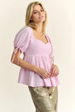 & Dani Solid Elastic Peplum Puffed Sleeves Blouse DJPT