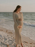 Solid Color Sashes Knit Lace-up High Waist Going Out Photoshoot Maternity Sweater Maxi Dress Maternity