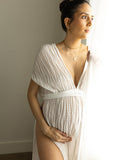 V-Neck Linen Cotton Bohemian Backless Thigh High Side Slits Tassel Vacation Photoshoot Maternity Maxi Dress Maternity