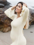 White Knit Pleated Tie Back Ruffle Falbala Frill Hem Backless Big Swing Elegant Cocktail Party Gown Maternity Photoshoot Baby Shower Maxi Dress Maternity