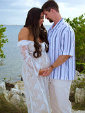 White Lace Corset Square Neck Flare Sleeve Off Shoulder Bodycon Elegant Cocktail Party Maternity Baby Shower Photoshoot Maxi Dress Maternity