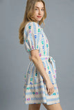 Printed Tie Waist Puff Short Sleeve Mini Dress DJPT