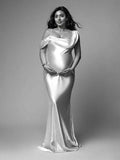 White One Off Shoulder Silk Satin Backless Mermaid Photoshoot Evening Gown Baby Shower Maternity Maxi Dress Maternity