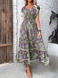 Size Printed V-Neck Short Sleeve Midi Dress DJPT