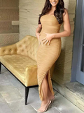 Apricot Ruched Side Slit Bodycon Baby Shower Maternity Dress Maternity