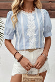 Detail Striped Round Neck Half Sleeve Blouse DJPT