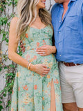 Green Floral Side Slit Ruffle Bow Flowy Back Zipper Photoshoot Baby Shower Maternity Maxi Dress Maternity