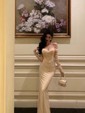 Mermaid Off The Shoulder Long Sleeves White Long Prom Dresses Birthday Dress SD291