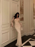 Mermaid Off The Shoulder Long Sleeves White Long Prom Dresses Birthday Dress SD291