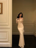 Mermaid Off The Shoulder Long Sleeves White Long Prom Dresses Birthday Dress SD291