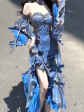 Sheath Irregular Ruffled Spaghetti Straps Women's Blue Long Birthday Party Dresses SD436