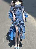Sheath Irregular Ruffled Spaghetti Straps Women's Blue Long Birthday Party Dresses SD436