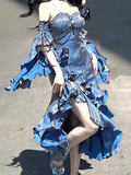 Sheath Irregular Ruffled Spaghetti Straps Women's Blue Long Birthday Party Dresses SD436