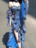 Sheath Irregular Ruffled Spaghetti Straps Women's Blue Long Birthday Party Dresses SD436